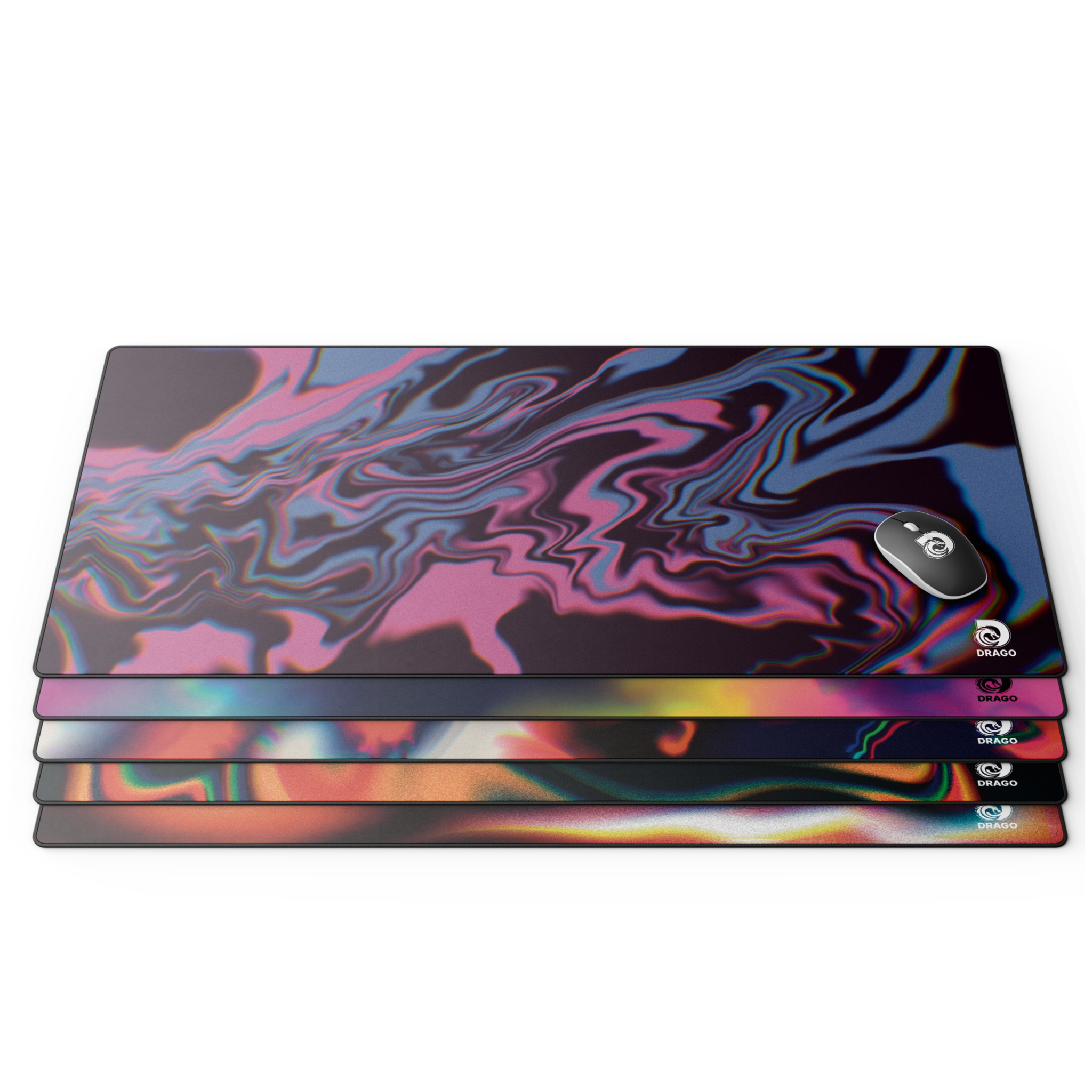 Collage displaying five rolled up gaming mouse pads apart of Drago's BURN collection