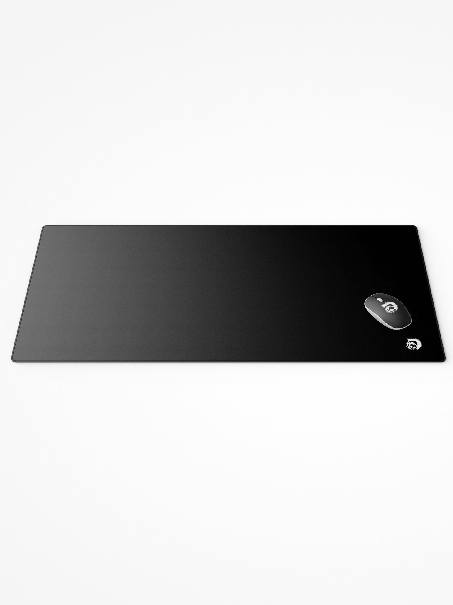 Black desk mat with brand logo on a white background