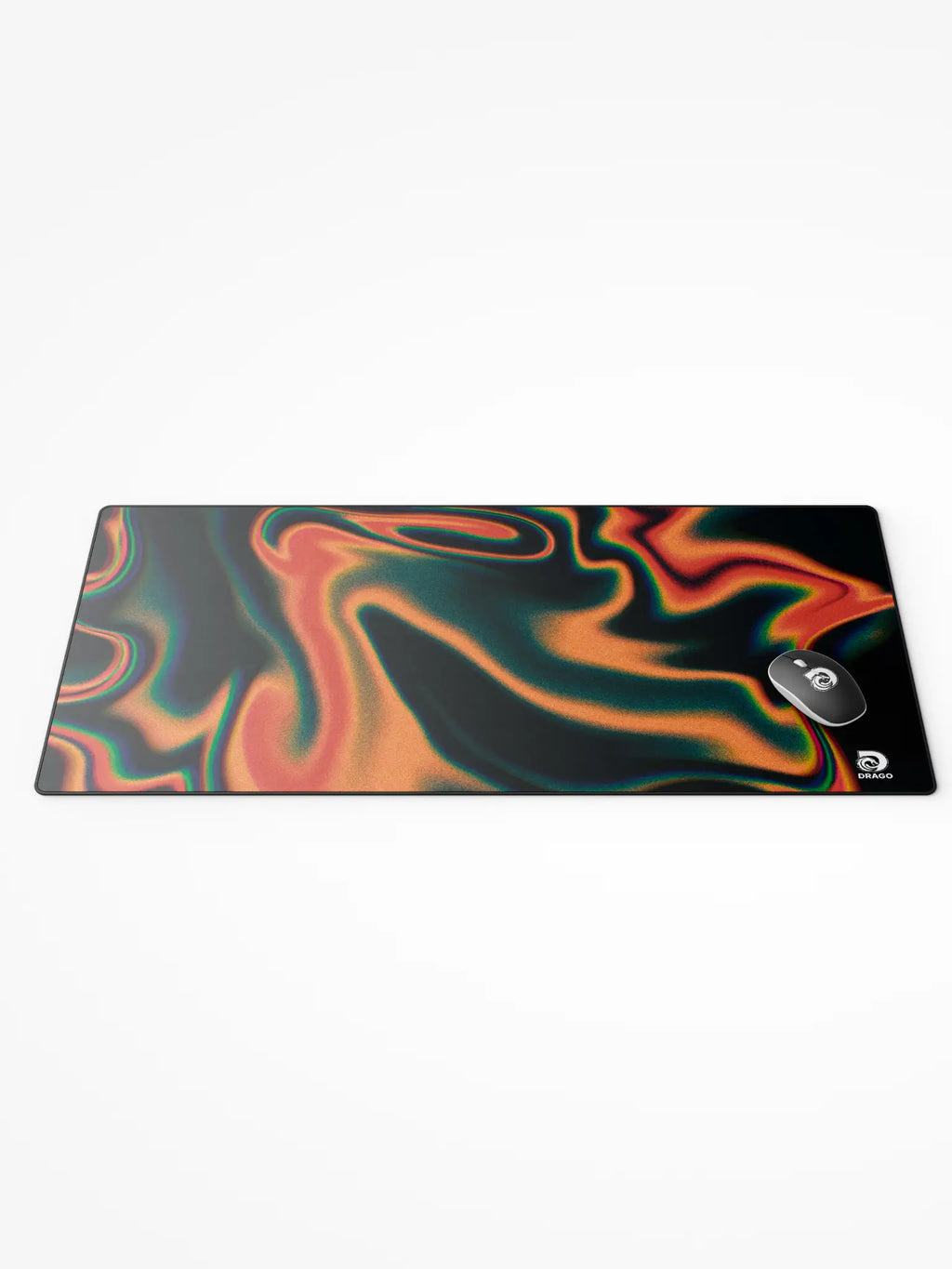 Colorful mouse pad with a swirling design on a white background, featuring the brand 'Drago'