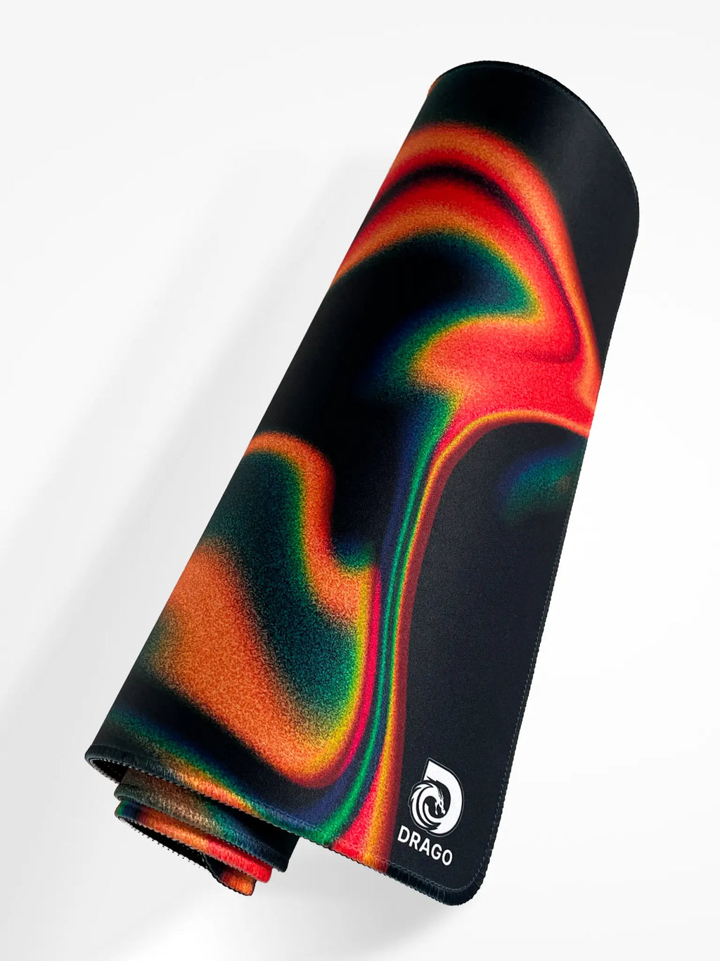 Colorful mouse pad with a swirling design on a white background, featuring the brand 'Drago'