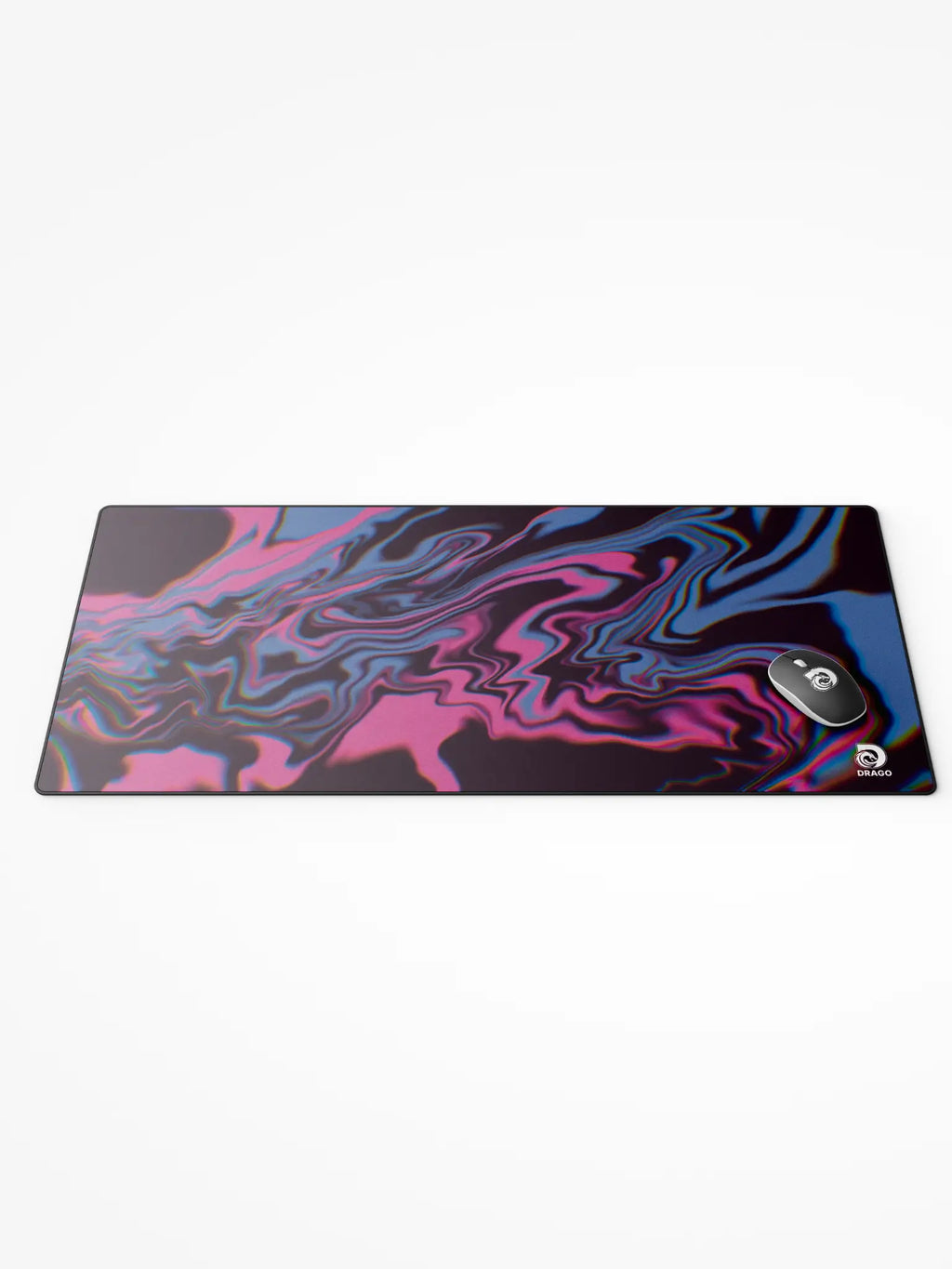 Colorful mouse pad with a swirling design on a white background, featuring the brand 'Drago'