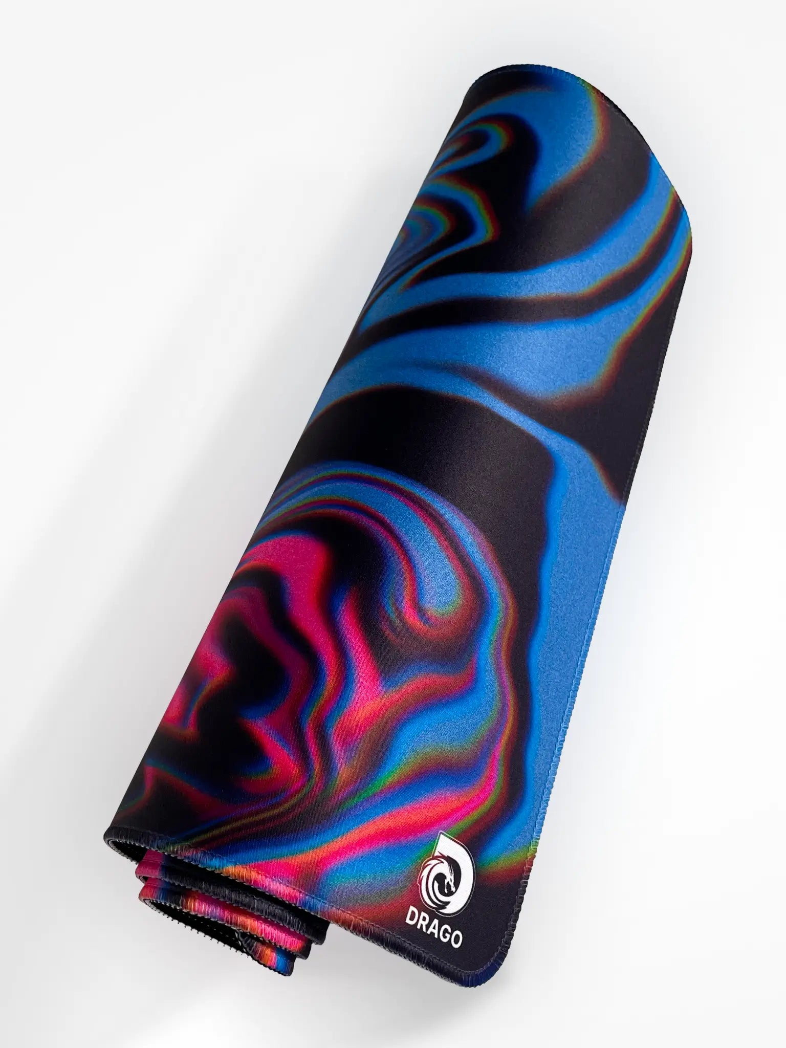 Colorful mouse pad with a swirling design on a white background, featuring the brand 'Drago'
