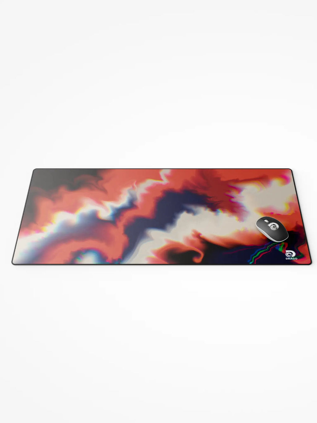Colorful mouse pad with a swirling design on a white background, featuring the brand 'Drago'